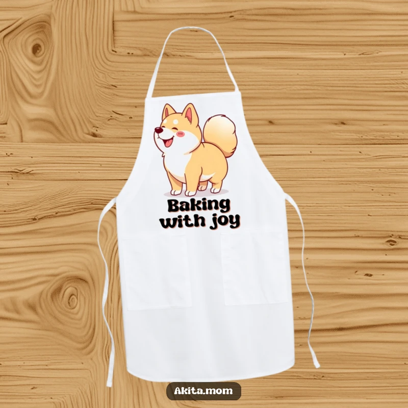 Funny Kawaii Akita apron depicting a happy dog doing a joyful wiggle, embracing kitchen fun with Akita spirit.