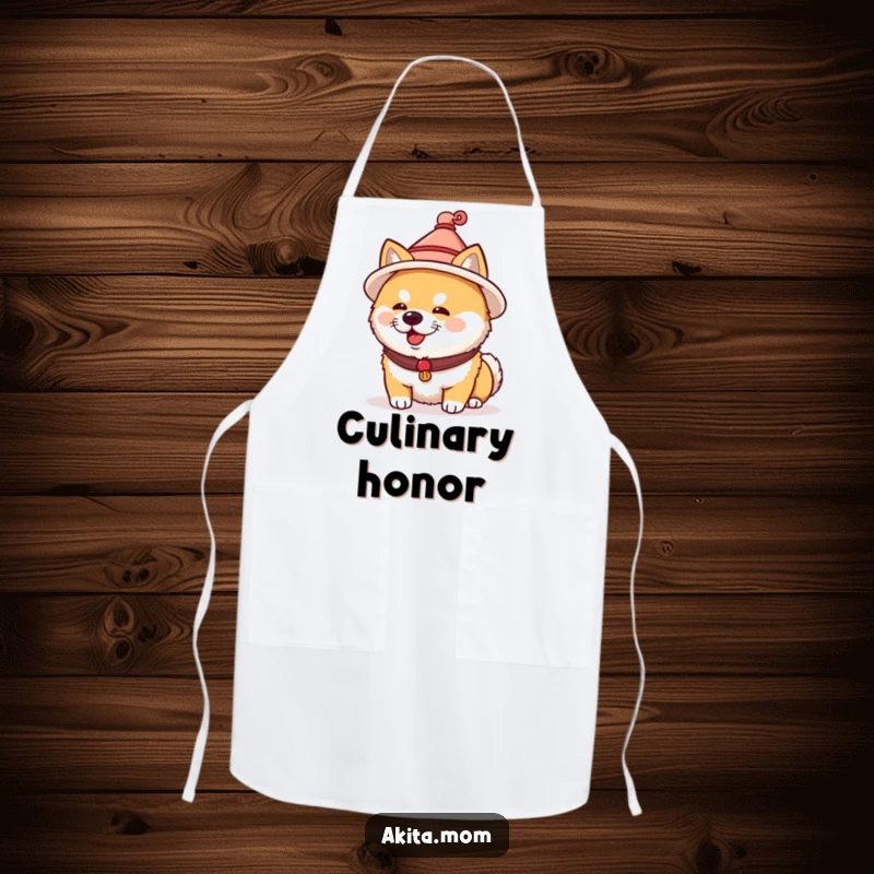 Funny Akita apron showing a dog wearing a tiny traditional Japanese hat. Humorous and practical cultural kitchen gift.
