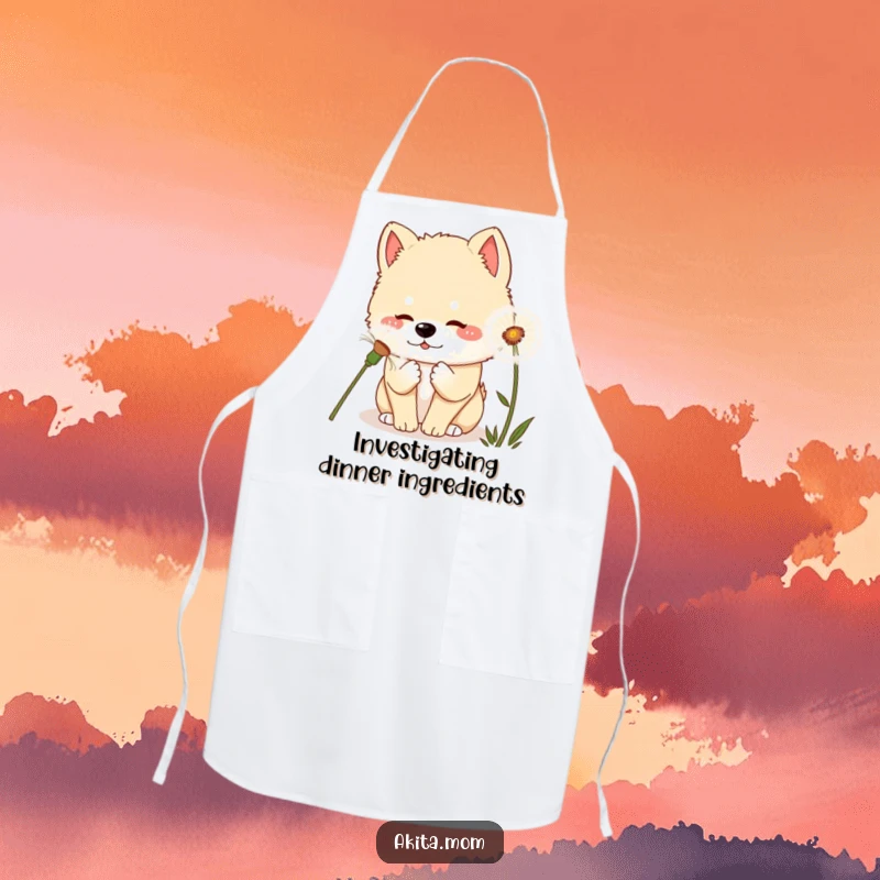 Curious Kawaii Akita Dandelion Apron: A kawaii Akita dog curiously sniffing a giant dandelion, making cooking a whimsical affair.