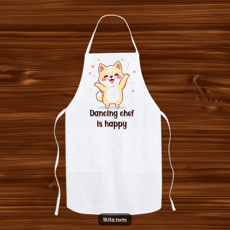 Funny Kawaii Akita dog apron, showcasing a cheerful dog in a celebratory dance, ideal for adding humor to cooking and baking.