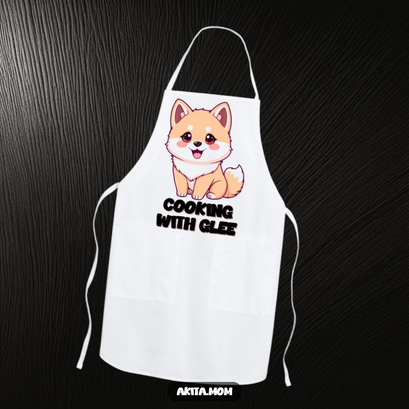 Funny Akita apron showing an eager dog with bright eyes and a wagging tail. A humorous and practical kitchen gift.