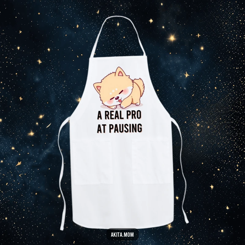 Funny Akita Roll Over Apron: A determined Akita character hilariously tries to roll over while cooking, a funny kitchen accessory.