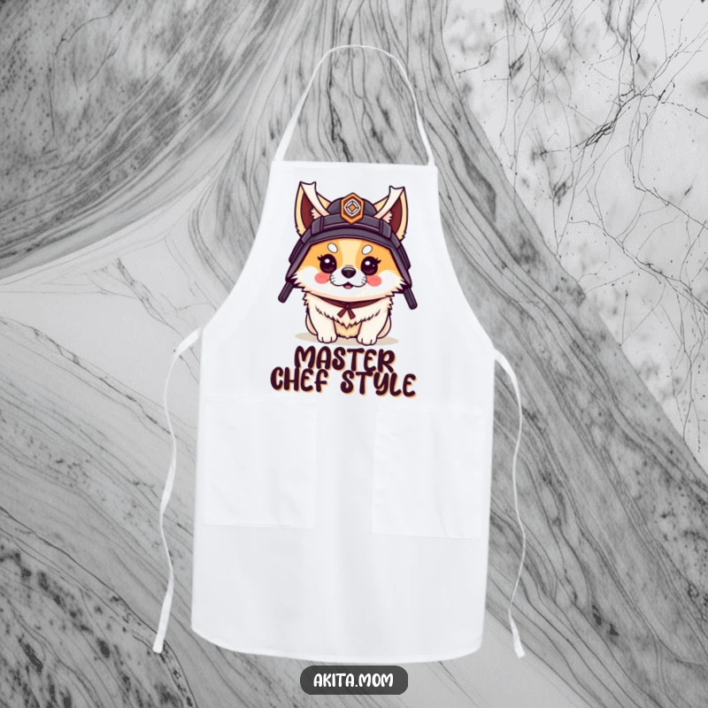 Funny apron showcasing an Akita dog dressed in a small samurai helmet, ready to conquer culinary challenges.