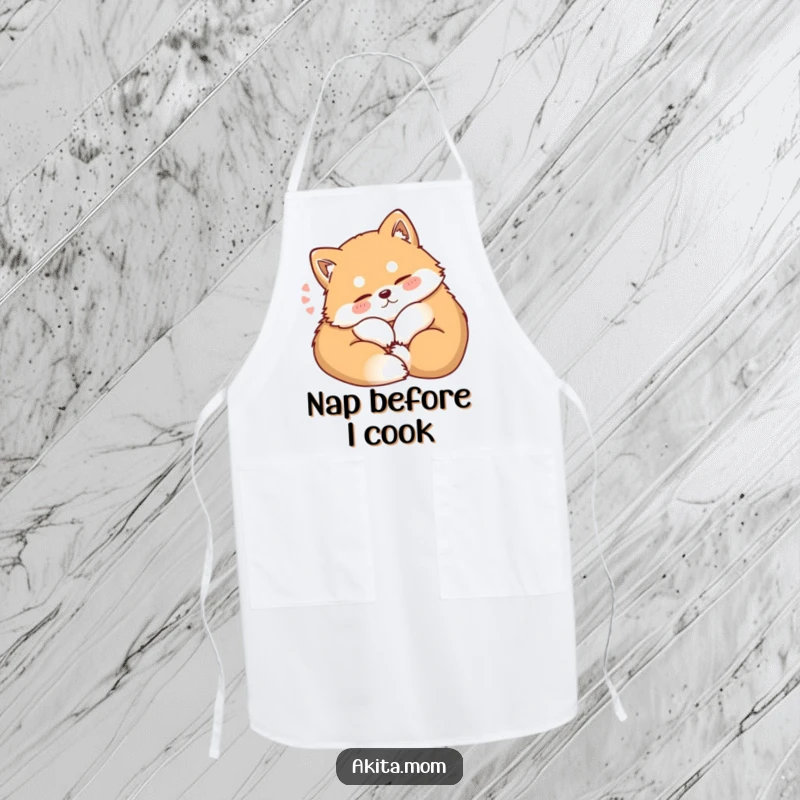 Funny Kawaii Akita apron, showing a dog curling up contentedly with a soft sigh, ideal for cooks who appreciate comfort and quiet humor.