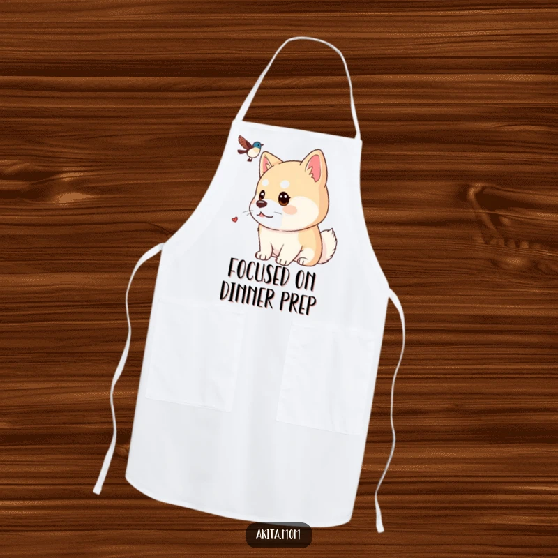 Funny Kawaii Akita apron, showing a dog with a focused gaze watching a distant bird, ideal for cooks who appreciate attention to detail and humor.