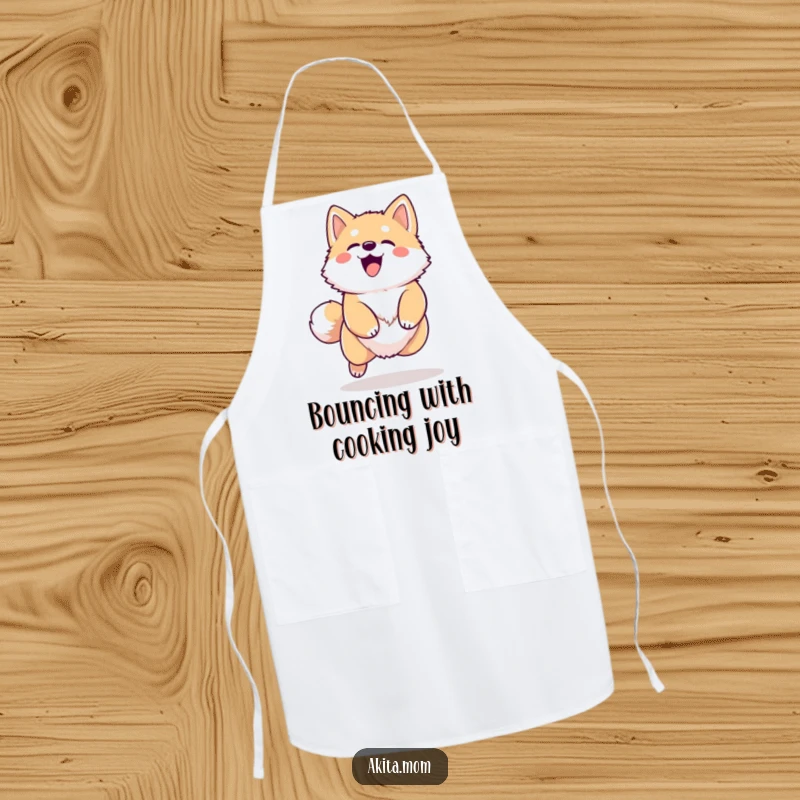 Funny Kawaii Akita apron, depicting a dog barking and leaping joyfully, ideal for chefs and home cooks who love dogs and humor.