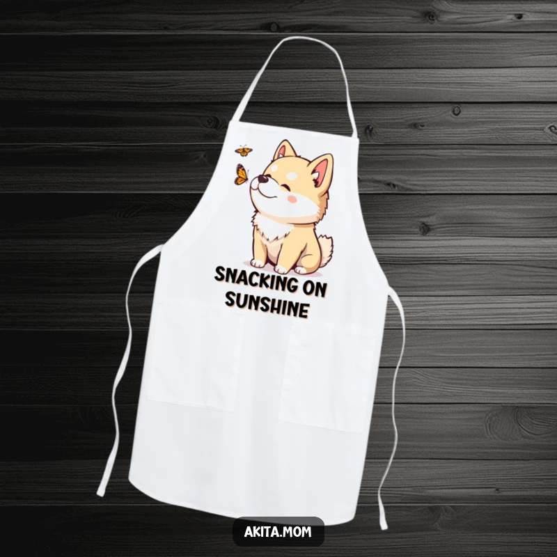 Funny Kawaii Akita apron with a playful head tilt, observing a fluttering butterfly, ready for kitchen tasks with gentle curiosity.
