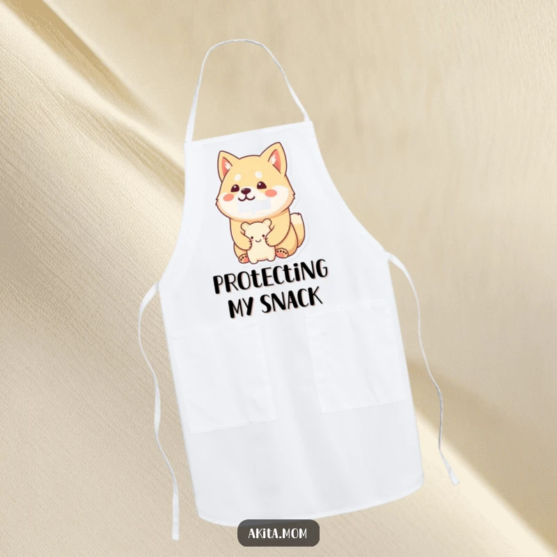 Funny Kawaii Akita apron with a happy, stoic expression, guarding a tiny, smiling toy, ready for kitchen adventures.
