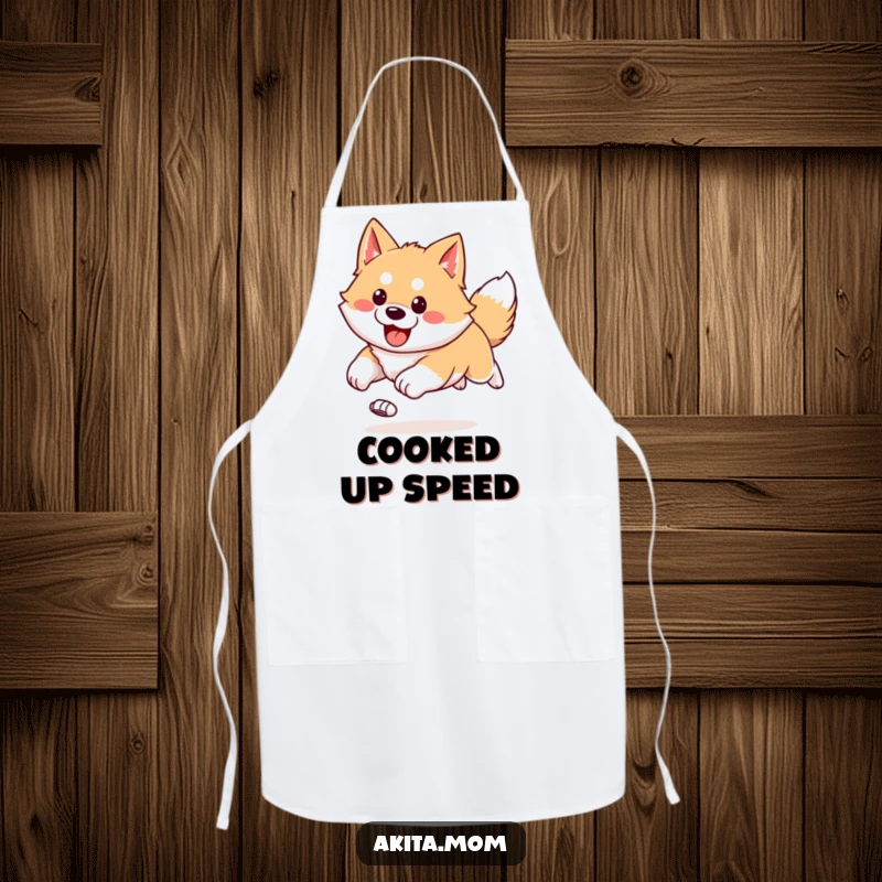 Funny Kawaii Akita apron showing a happy, bounding run with ears flying, ready for kitchen tasks with energetic flair.