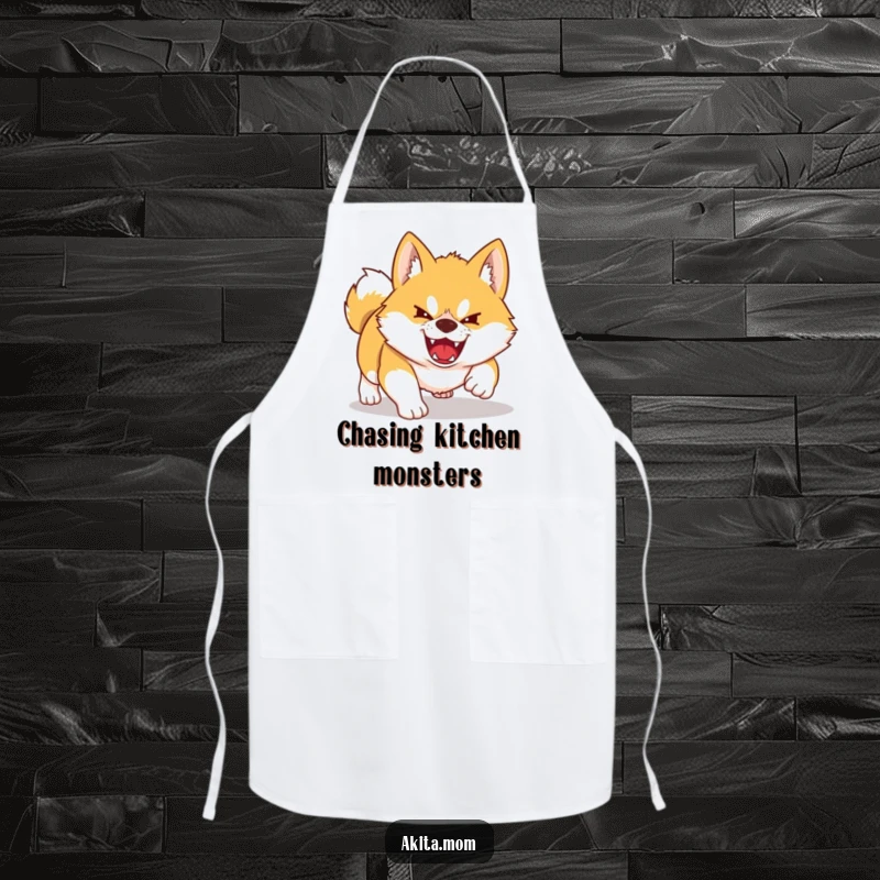 Funny Kawaii Akita apron showing a dog playfully pouncing. Humorous kitchen wear for Akita fans with a playful spirit.