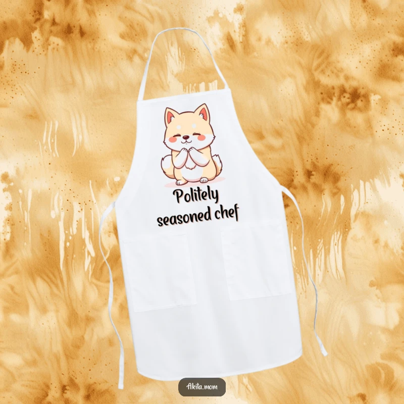 Funny Kawaii Akita apron depicting a dog with dignified posture bowing politely, bringing a touch of refined charm to cooking tasks.