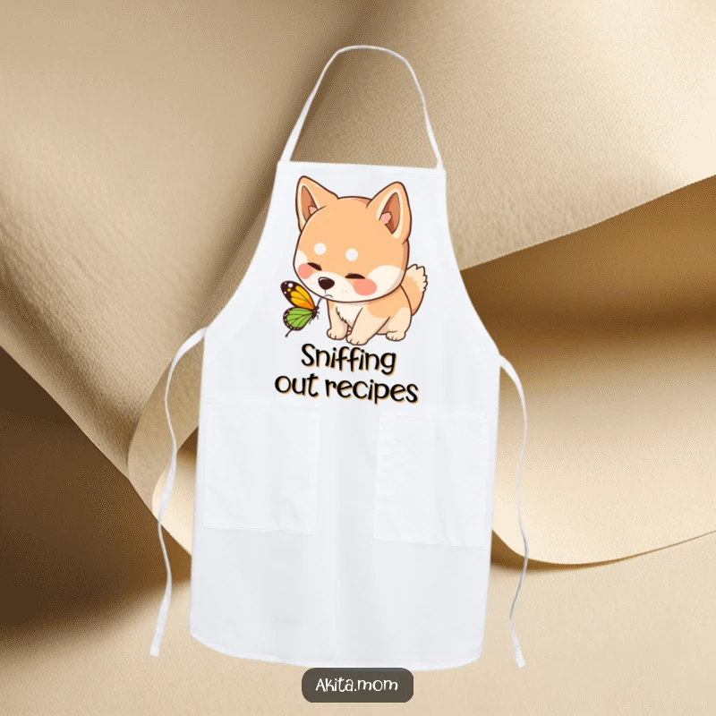 Funny Kawaii Akita dog apron, showing a curious sniff towards a butterfly, adding whimsical humor and practicality to the kitchen.