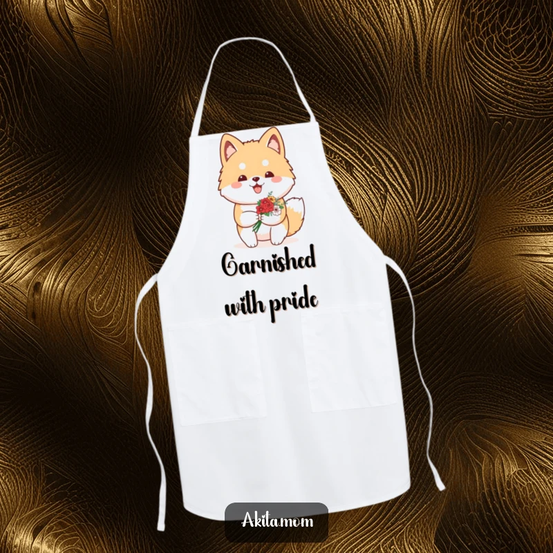 Funny Kawaii Akita apron with a proud dog carrying a small bouquet of flowers, adding a cheerful and proud touch to kitchen tasks.