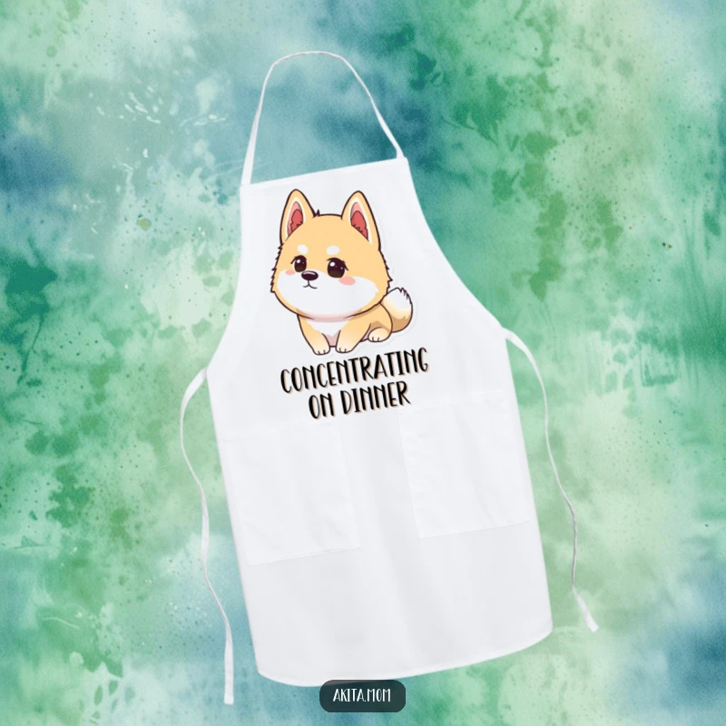 Funny Kawaii Akita apron depicting a dog with intense concentration, perfect for a chef focused on culinary perfection.