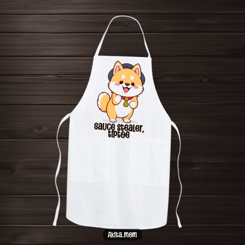 Funny Kawaii Akita Apron, a cute dog performing a dignified, joyful tiptoe while cooking, charming kitchen accessory, great funny gift.