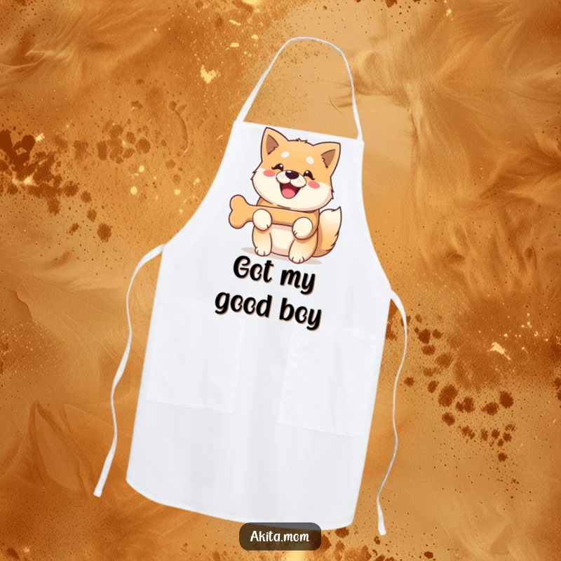 Funny Kawaii Akita dog apron, showing a dog with a huge smile holding a bone, perfect for kitchen fun.