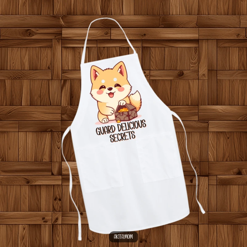 Funny Akita treasure guardian apron showing a happy Akita diligently guarding a small treasure, bringing humor to the kitchen.
