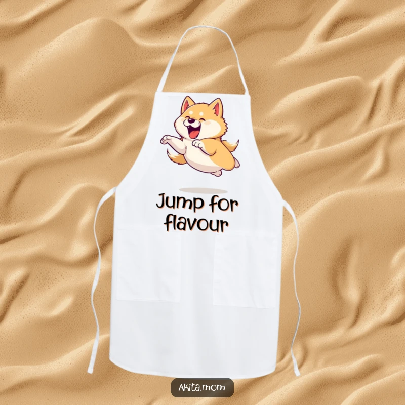 Funny apron showcasing an Akita dog in a powerful yet playful leap, ready to tackle kitchen tasks with enthusiasm.