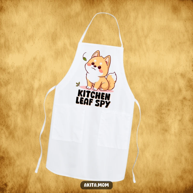 Funny Kawaii Akita apron, a curious dog intently watching a leaf, perfect for kitchen fun and focus.