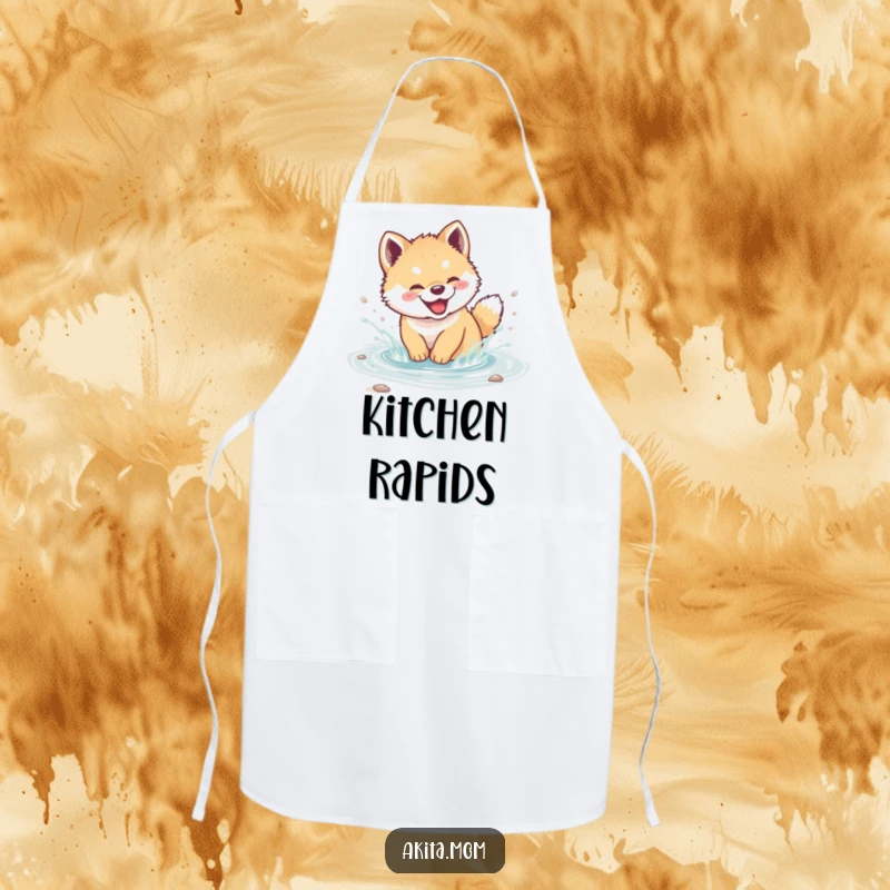 Funny Akita cub apron showing a cute puppy giggling and splashing in a stream, ideal for adding humor to cooking.