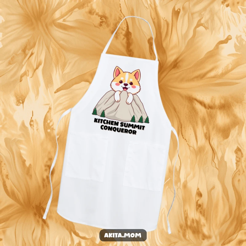 Funny Happy Akita Apron: Dog peeking from behind a cheerful mountain, a playful kitchen accessory for outdoor lovers.