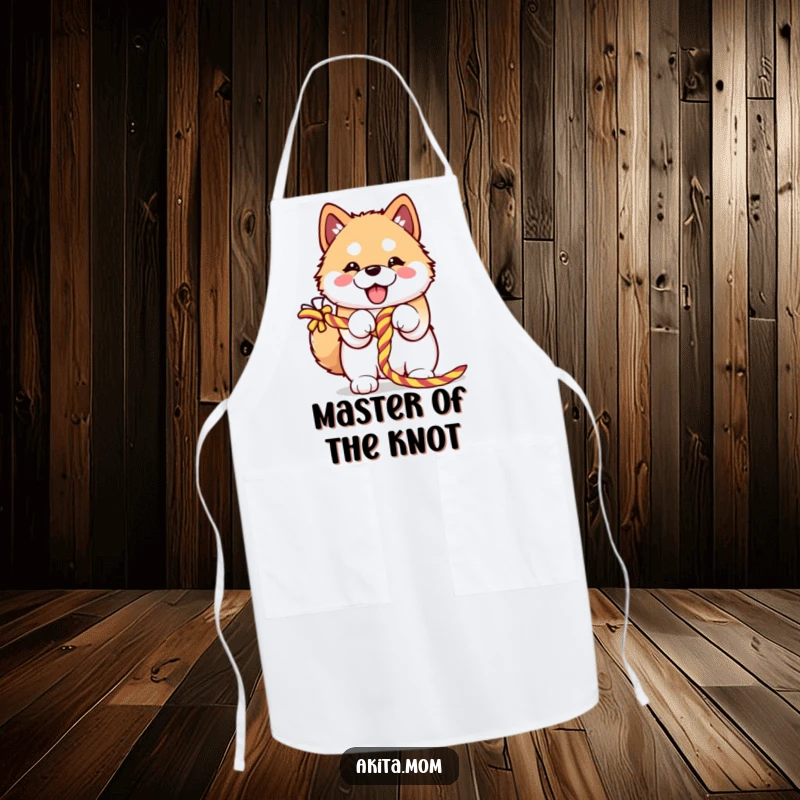 Funny Kawaii Akita apron enthusiastically embracing a colorful knotted rope, ready for kitchen duty with a determined and happy look.