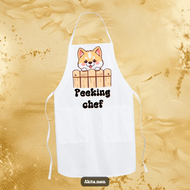 Funny Kawaii Akita apron shows a cute dog peeking curiously over a fence, perfect for humorous kitchen activities.