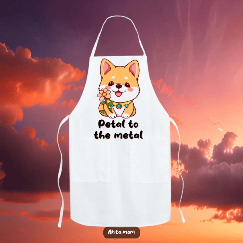 Funny Kawaii Akita Apron depicting a decorative collar and one bright flower, a cute and practical dog kitchen accessory.
