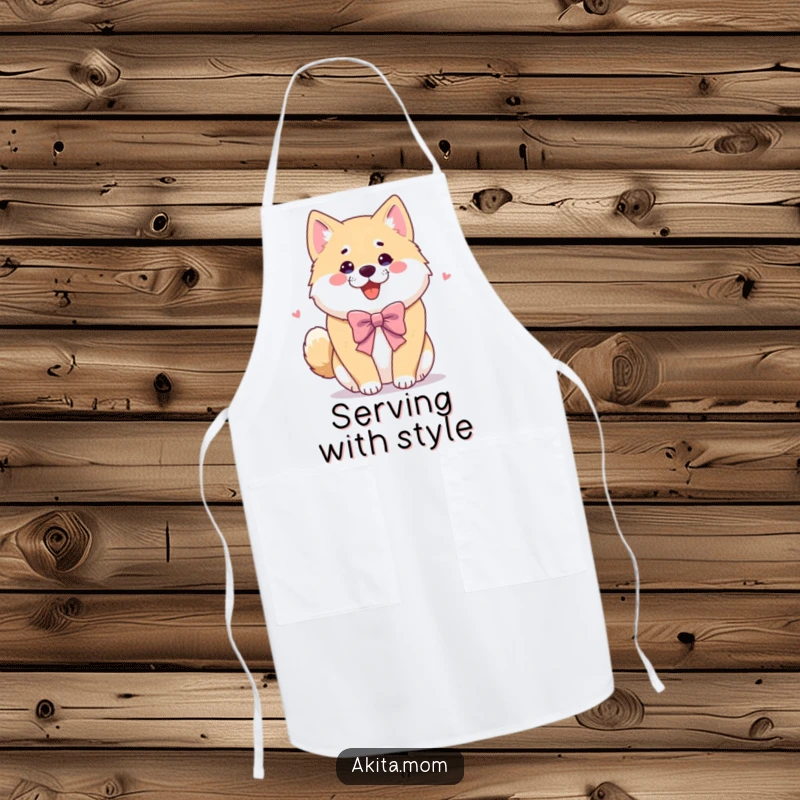 Funny Akita apron showing a dog in a playful bow. Humorous and practical kitchen gift for Akita lovers.