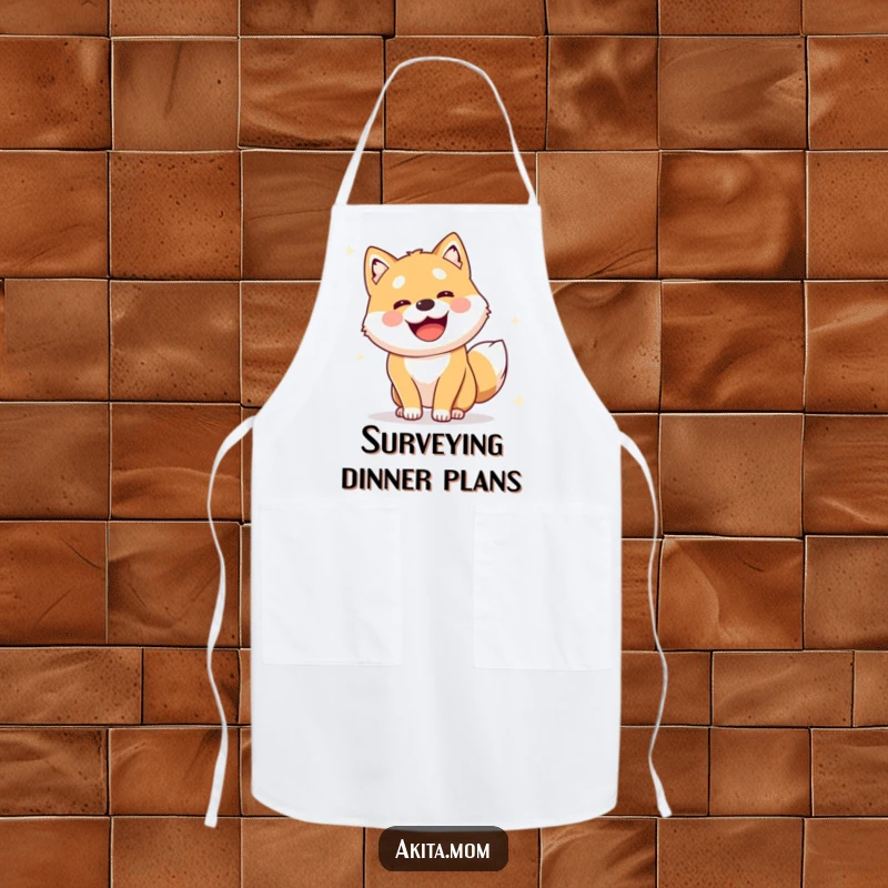 Funny Alert Akita Apron: Cute dog performing a joyful, alert survey, a playful and practical kitchen accessory.