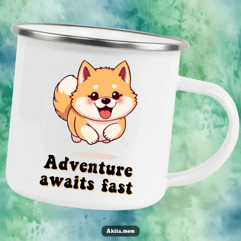 Funny Akita camping mug featuring an enthusiastic dog bounding forward. Humorous and durable outdoor gift.