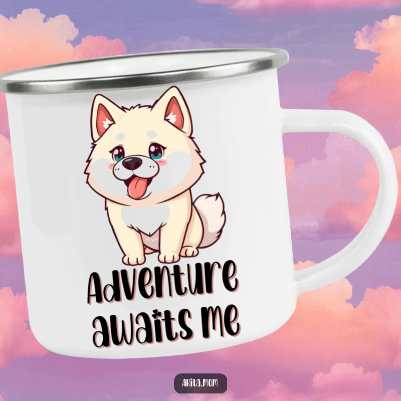 Funny Akita camping mug showing an energetic dog ready for adventure. A durable and humorous gift for campers.