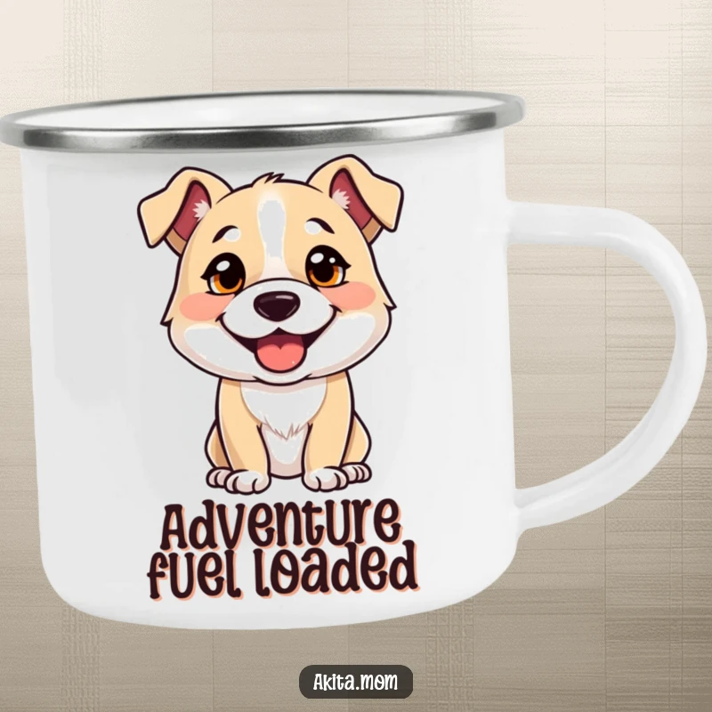Funny camping mug with a strong, alert dog illustration, showing a happy expression, ideal for outdoor enthusiasts.