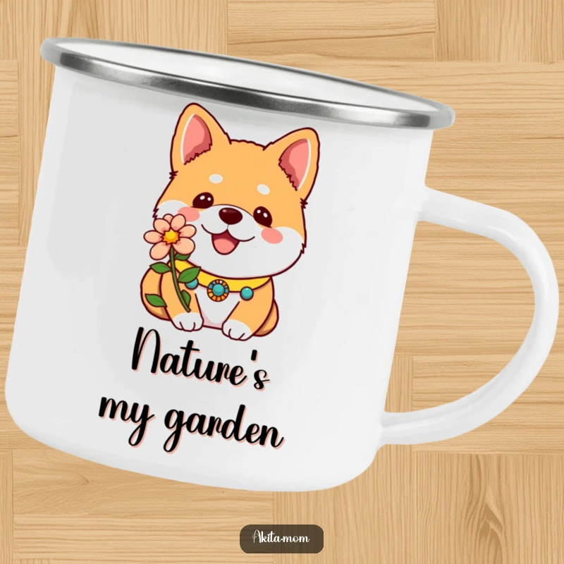 Funny Kawaii Akita Camping Mug with a decorative collar and one bright flower, a cute and durable dog-themed outdoor mug.