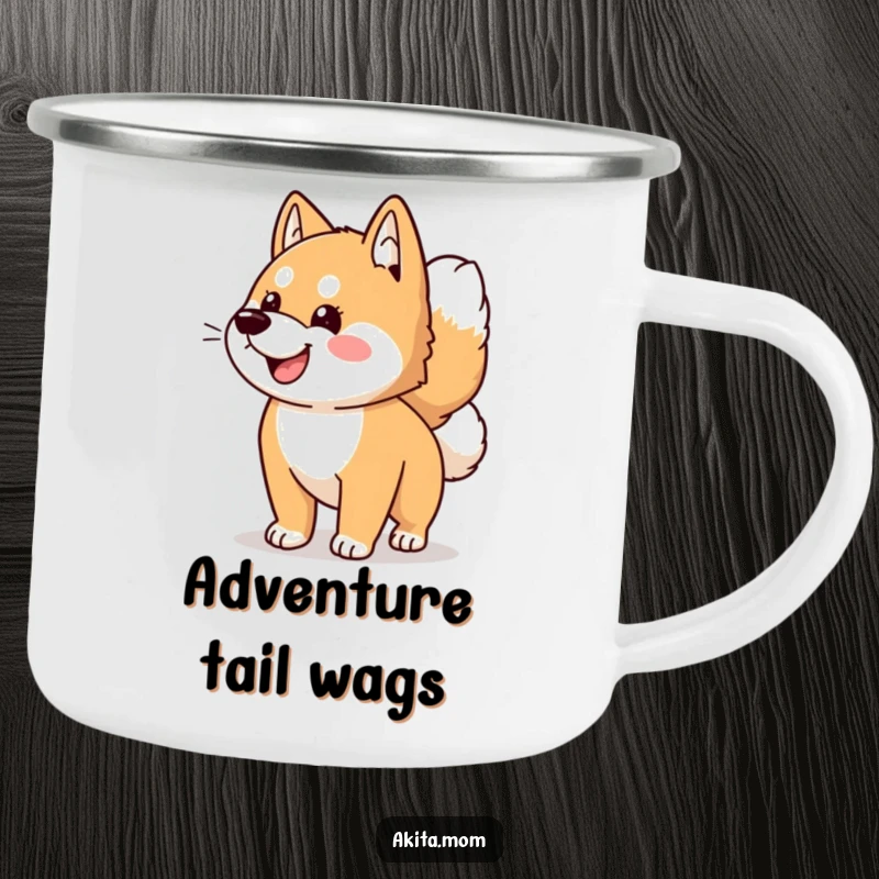 Funny Kawaii Akita dog camping mug, celebrating outdoor adventures with a happy, wagging tail, perfect for rugged use.