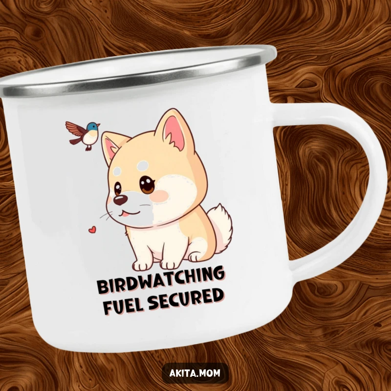 Funny Kawaii Akita camping mug, showing a dog with a focused gaze watching a distant bird, perfect for outdoor adventures and keen observers.