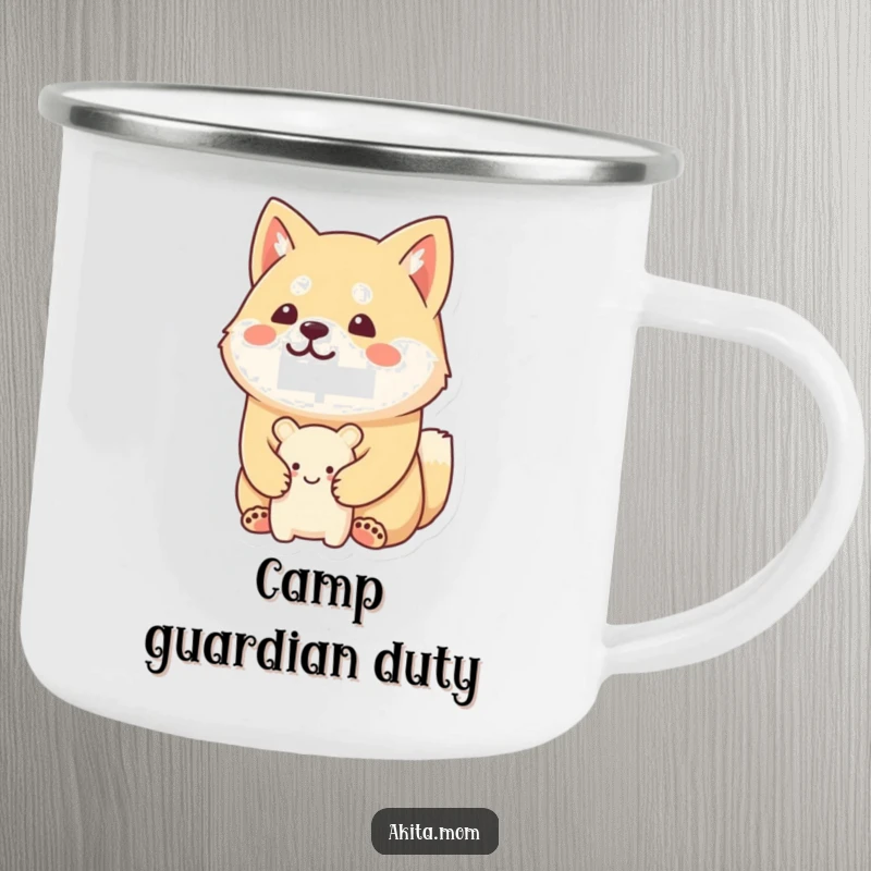 Funny Kawaii Akita camping mug with a happy, stoic expression, guarding a tiny, smiling toy, ideal for outdoor enthusiasts.