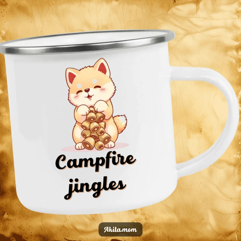 Funny Akita cub camping mug featuring a cute puppy balancing a stack of tiny bells, perfect for outdoor enthusiasts.