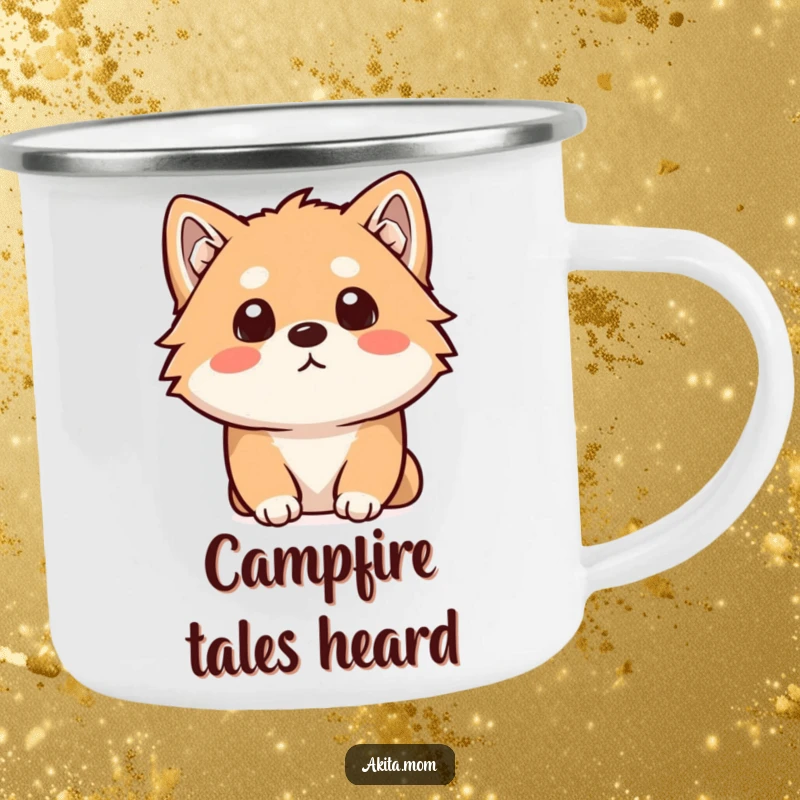 Funny Kawaii Akita camping mug with a curious listening dog. Humorous and durable for outdoor adventures.