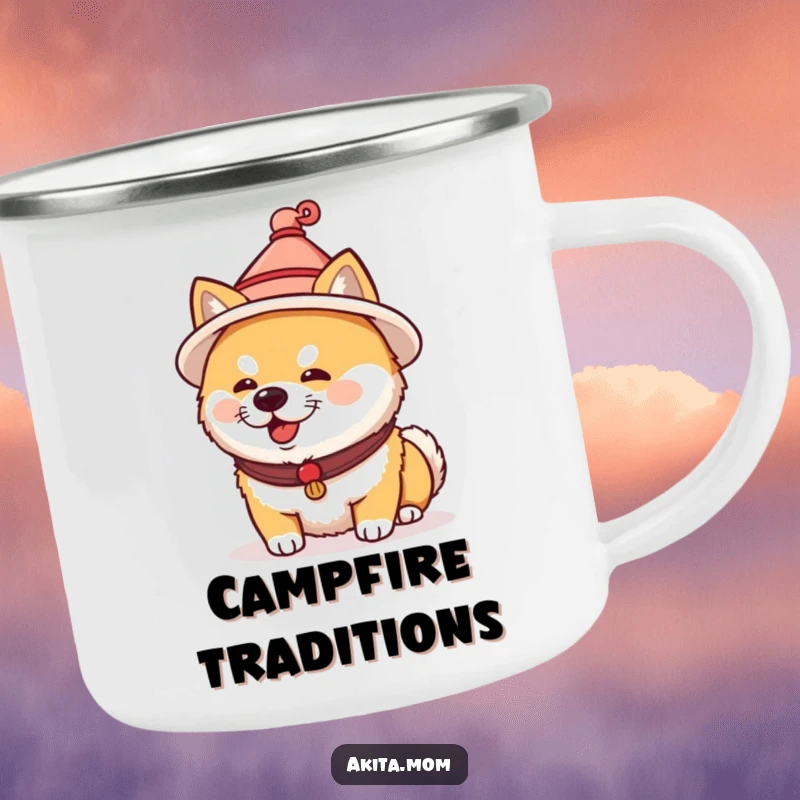 Funny Akita camping mug featuring a dog in a tiny traditional Japanese hat. Humorous and durable cultural gift.