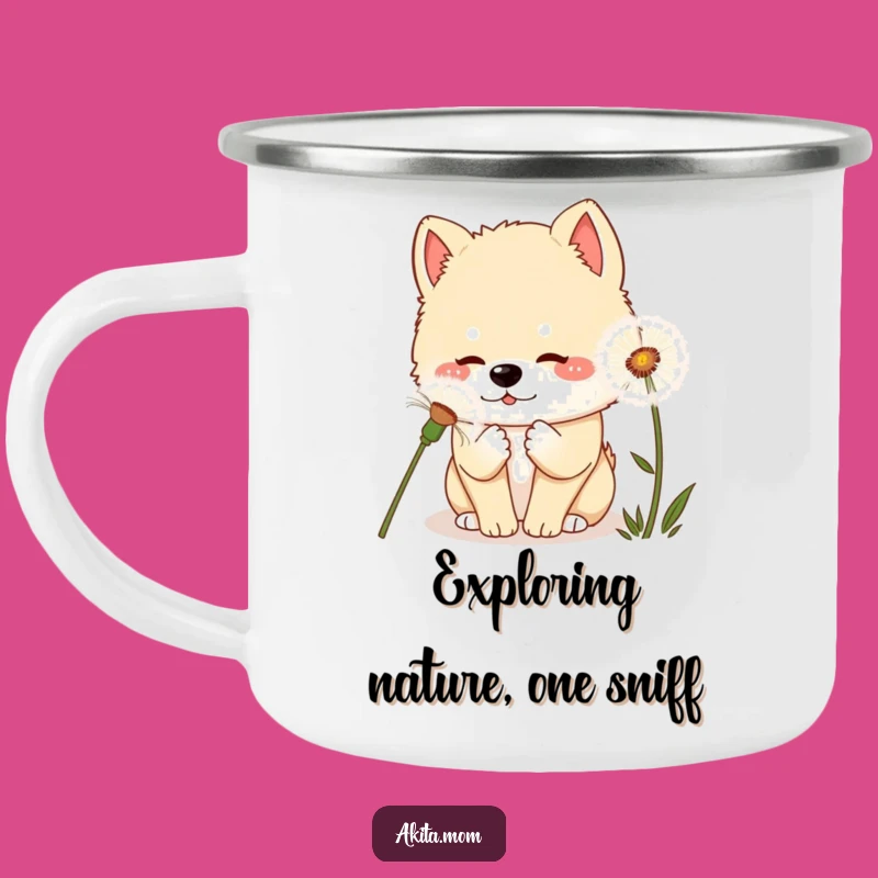 Curious Kawaii Akita Dandelion Camping Mug: Whimsical Outdoor Gift