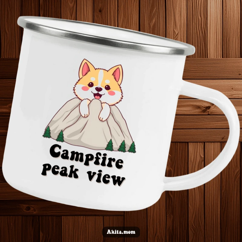 Funny Happy Akita Camping Mug: Dog peeking from behind a cheerful mountain, ideal for outdoor brews and adventures.