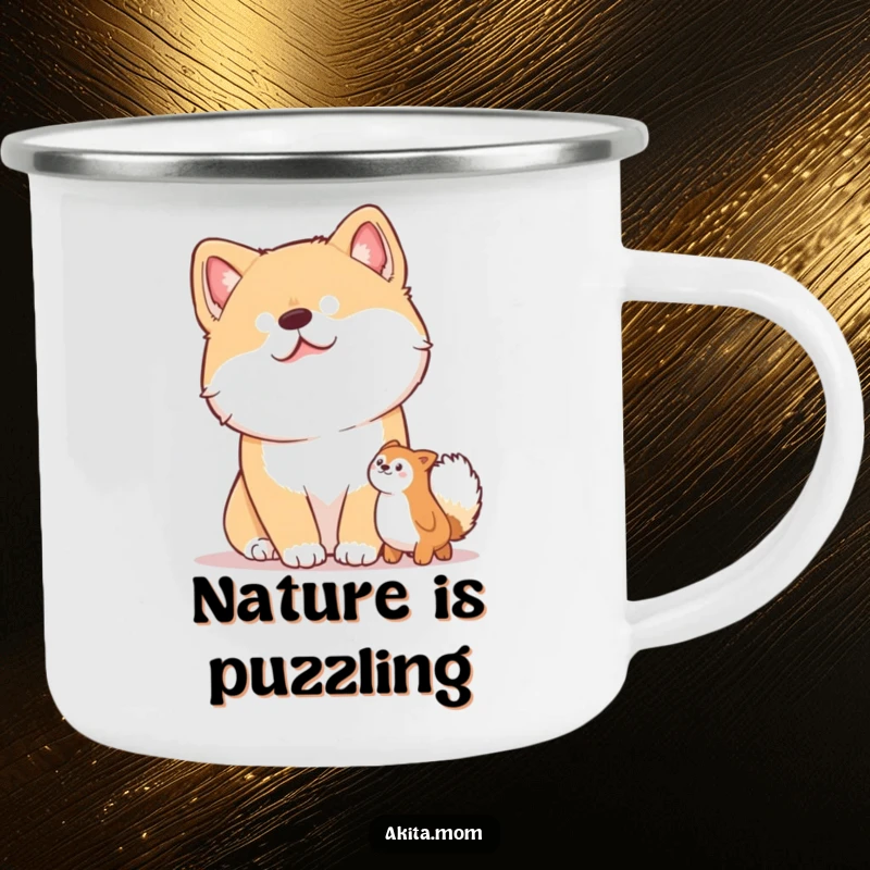Funny camping mug showcasing an Akita dog in a curious head tilt pose, ready for outdoor fun.