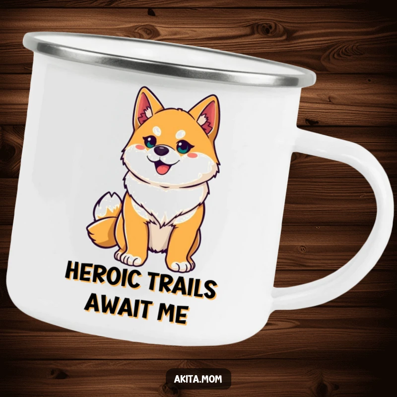 Funny Akita hero camping mug featuring a proud Akita striking a heroic pose, ready for campfire stories and laughter.