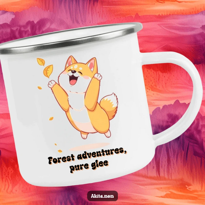 Funny Akita leaf chase camping mug featuring a loyal Akita joyfully leaping to catch a falling leaf, ready for outdoor fun.