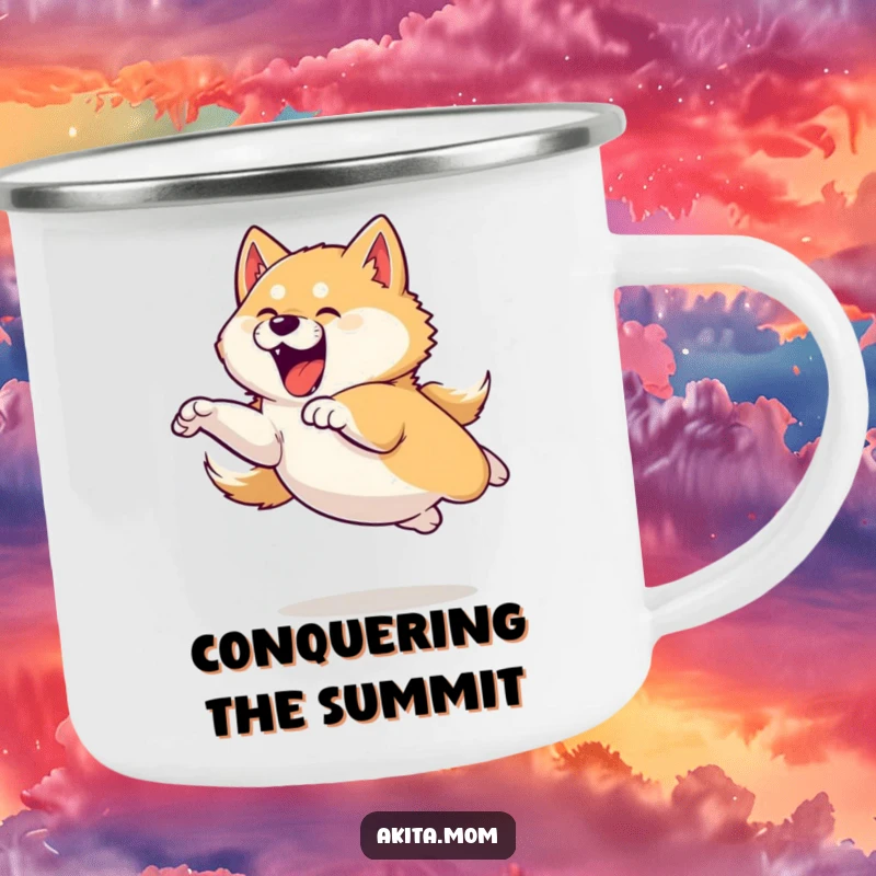 Funny camping mug featuring an Akita dog in a powerful, playful leap, ready for any outdoor activity.
