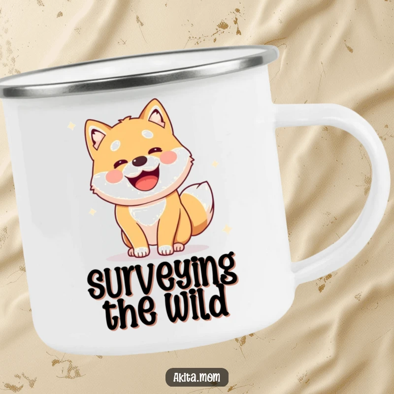 Funny Alert Akita Camping Mug: Cute dog performing a joyful, alert survey, ideal for outdoor brews and vigilant adventures.