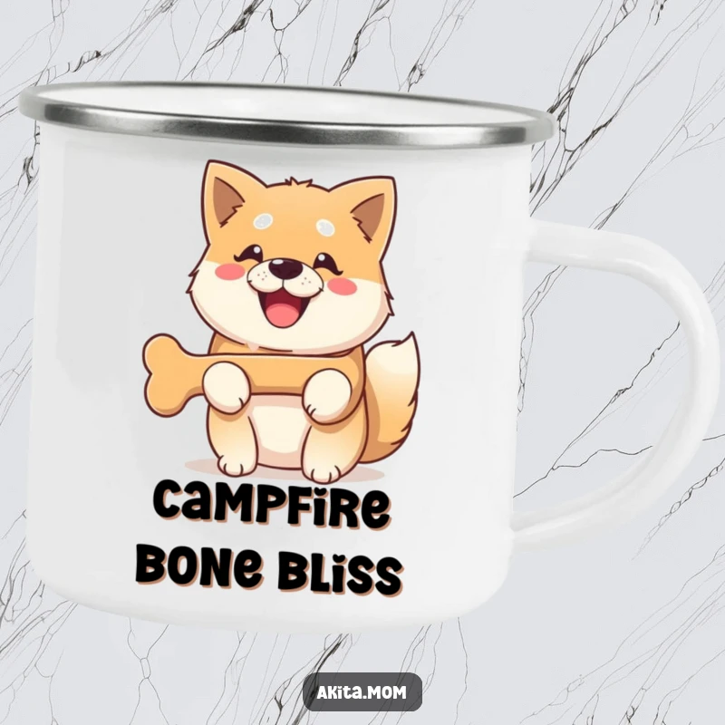 Funny Kawaii Akita dog camping mug, showing a dog with a huge smile holding a bone, perfect for outdoor enjoyment.
