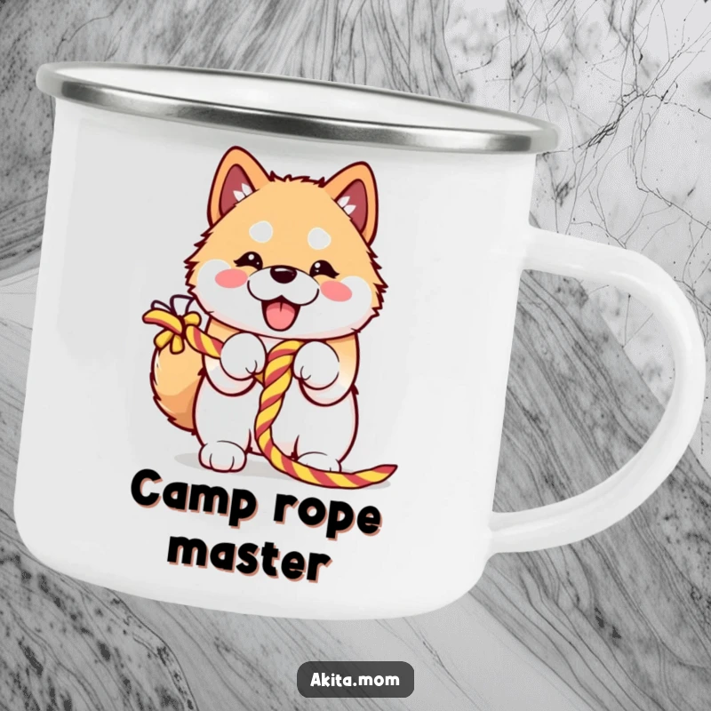 Funny Kawaii Akita camping mug enthusiastically embracing a colorful knotted rope, perfect for outdoor adventures and hot beverages.