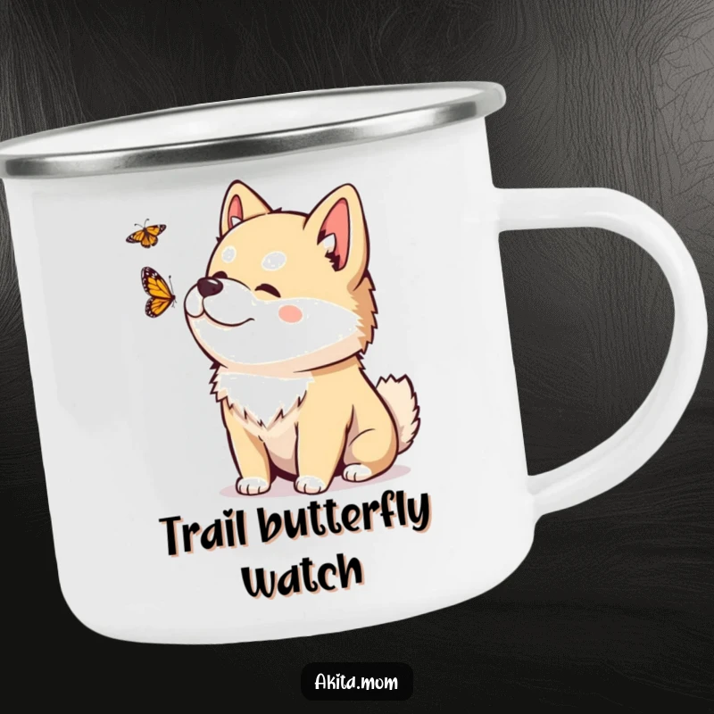 Funny Kawaii Akita camping mug with a playful head tilt, observing a fluttering butterfly, ideal for nature lovers.
